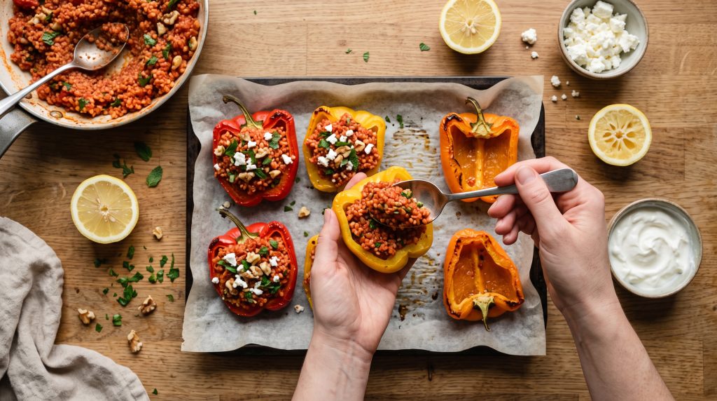 Bulgur Stuffed Peppers with Feta, Mint and Walnuts