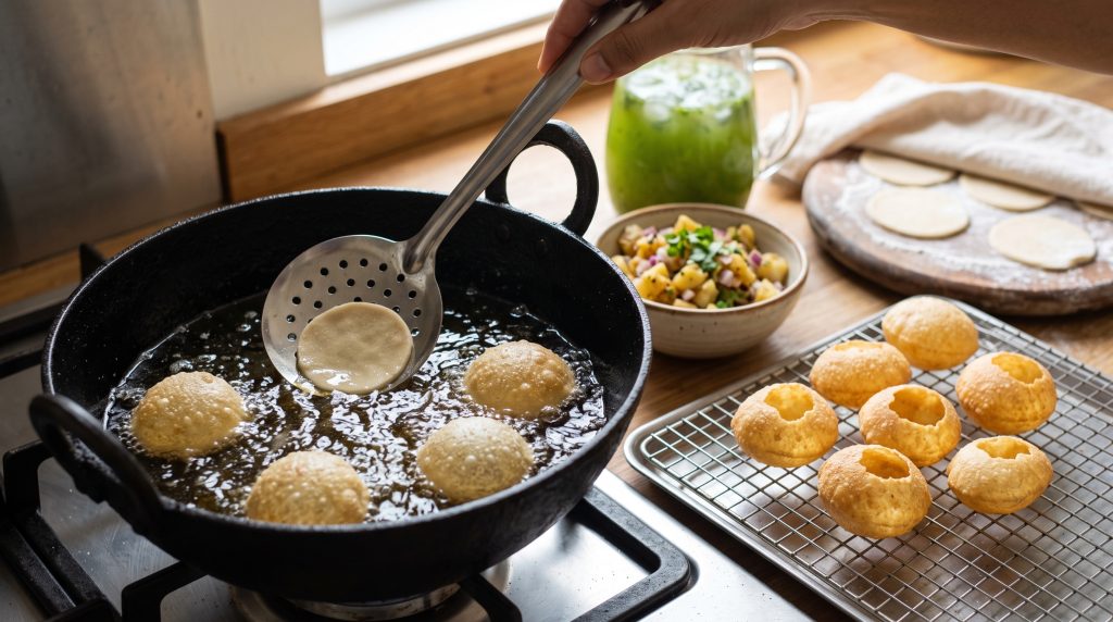 Pani Puri (Golgappay) with Crisp Sooji Puris and Mint-Tamarind Pani